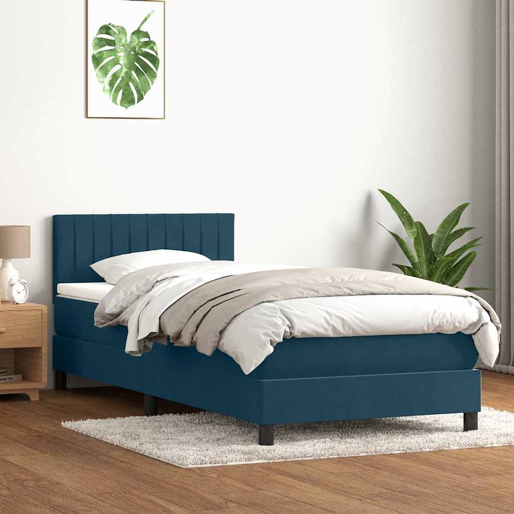 sötétkék bársony rugós és LED-es ágy matraccal 80x210 cm