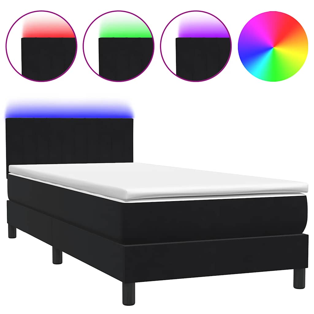fekete bársony rugós és LED-es ágy matraccal 90x210 cm