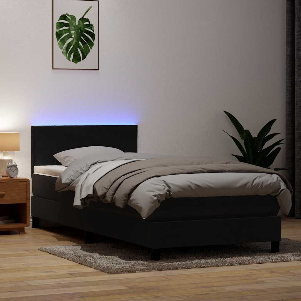 fekete bársony rugós és LED-es ágy matraccal 90x210 cm