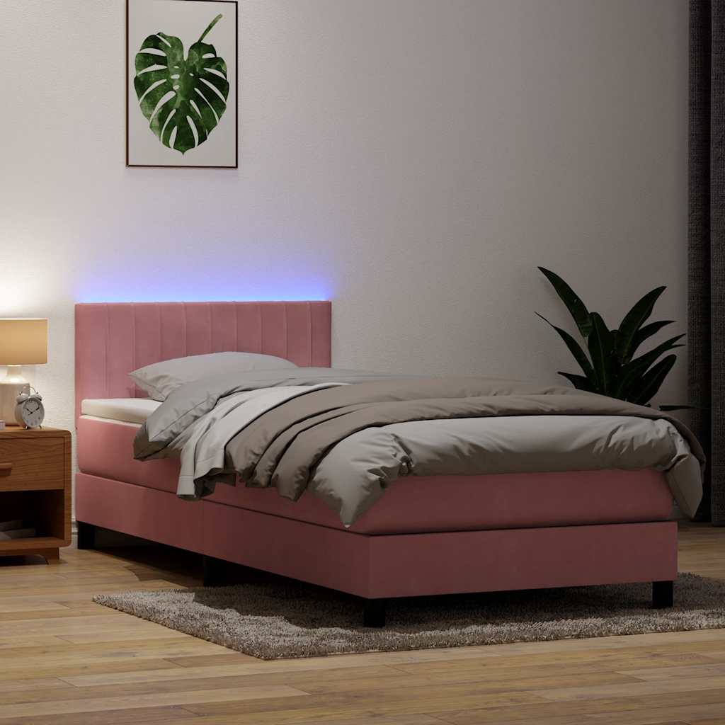 rózsaszín bársony rugós és LED-es ágy matraccal 90x210 cm