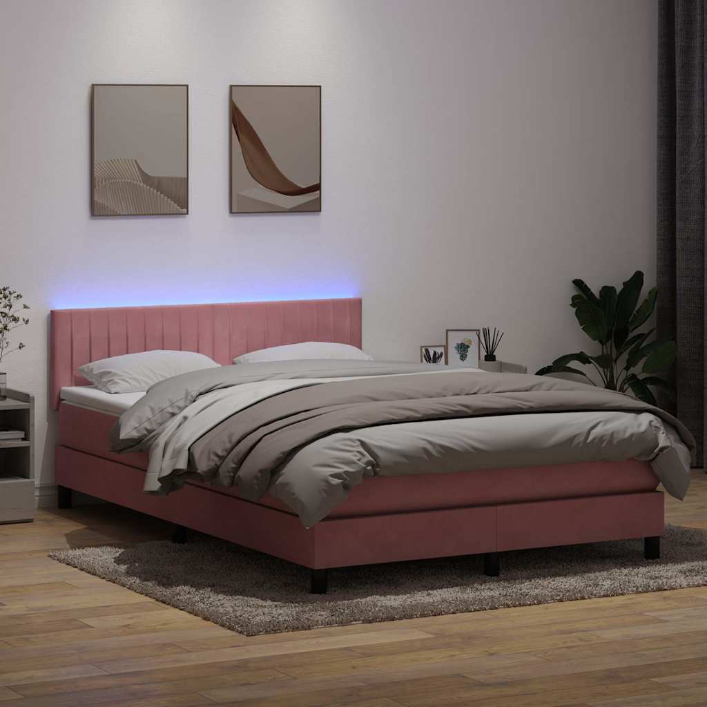 rózsaszín bársony rugós és LED-es ágy matraccal 140x210 cm
