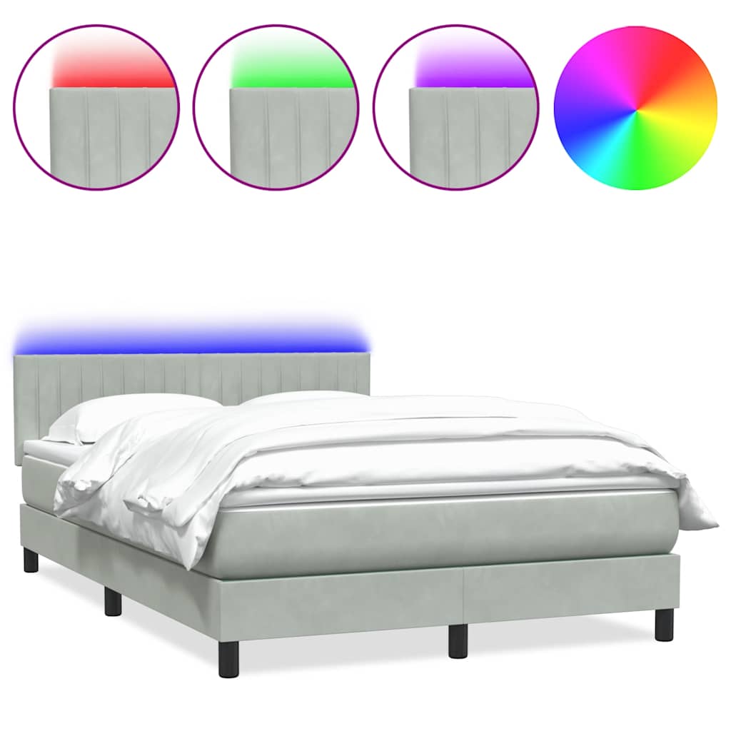 világosszürke bársony rugós és LED-es ágy matraccal 160x210 cm