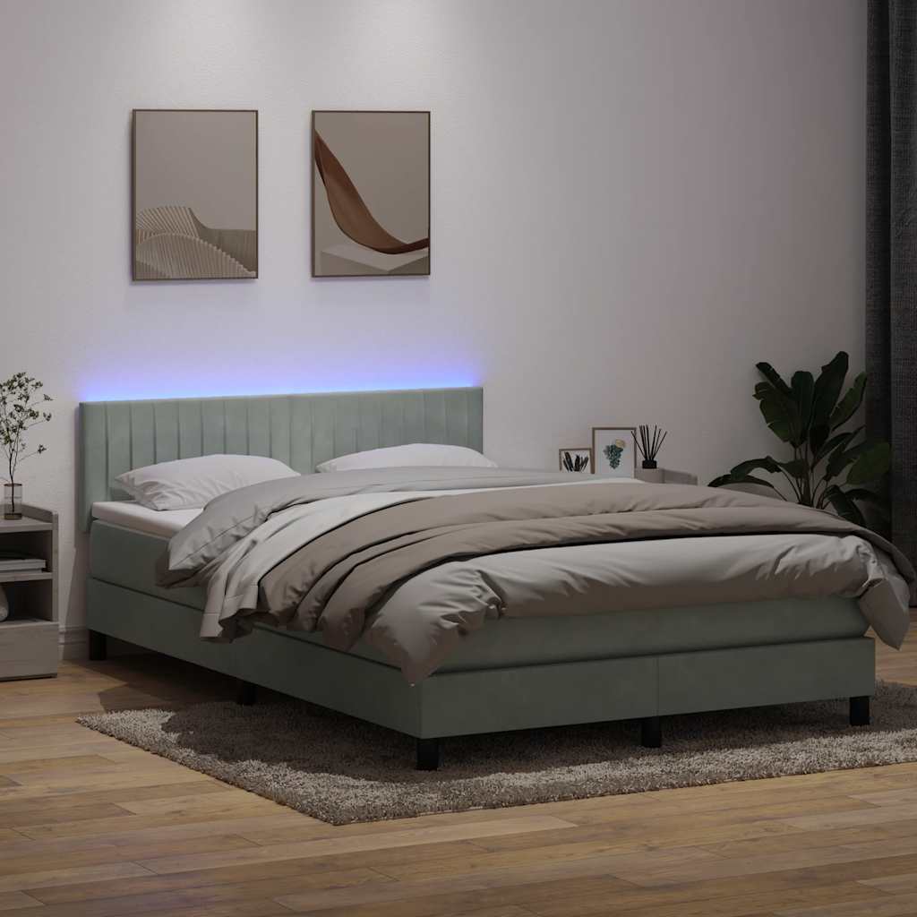 világosszürke bársony rugós és LED-es ágy matraccal 160x210 cm