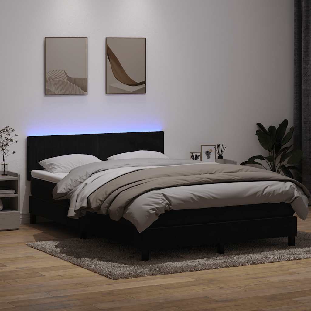 fekete bársony rugós és LED-es ágy matraccal 160x210 cm