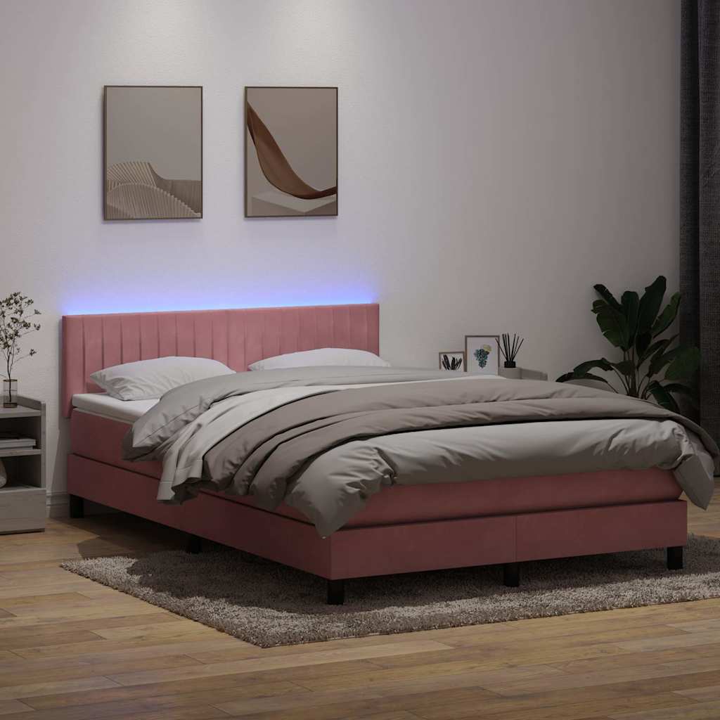 rózsaszín bársony rugós és LED-es ágy matraccal 160x210 cm