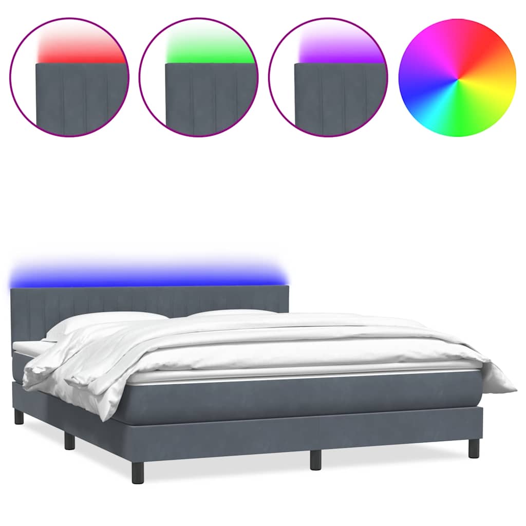 sötétszürke bársony rugós és LED-es ágy matraccal 180x210 cm
