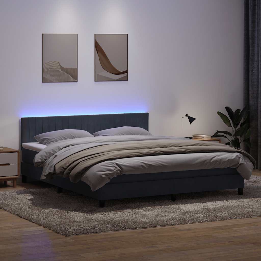 sötétszürke bársony rugós és LED-es ágy matraccal 180x210 cm