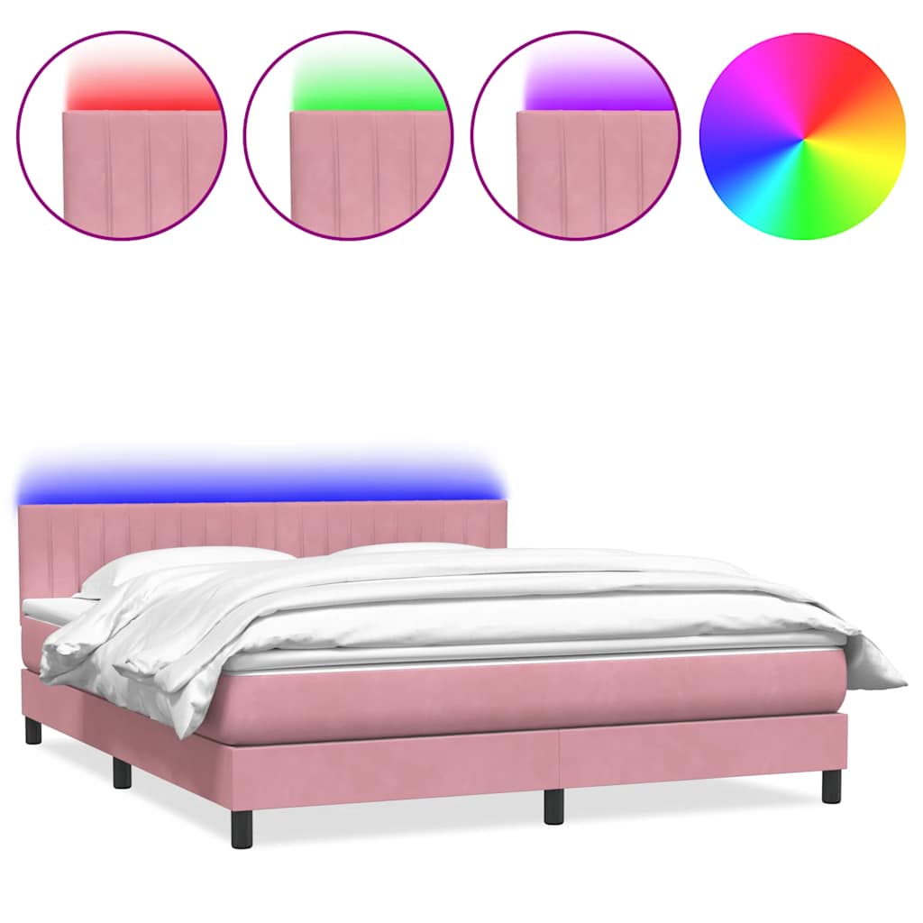 rózsaszín bársony rugós és LED-es ágy matraccal 180x210 cm