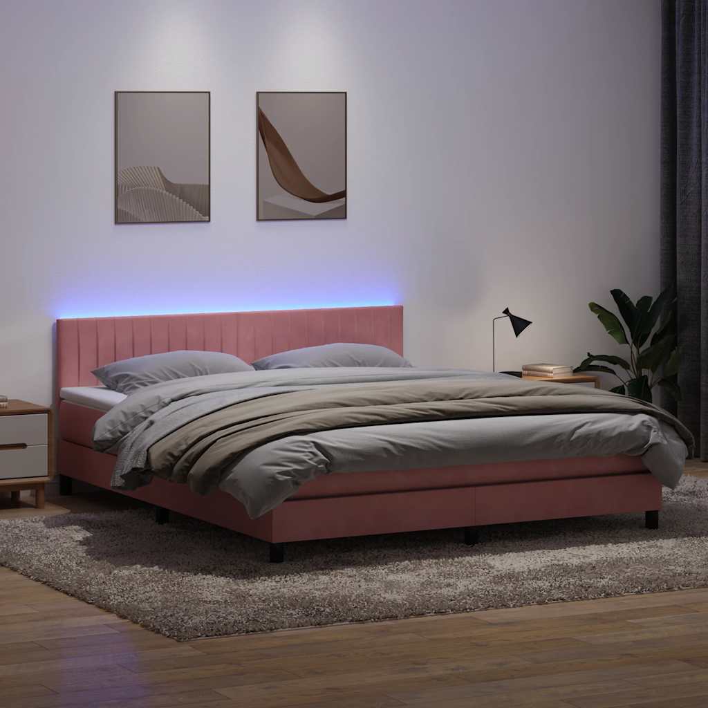 rózsaszín bársony rugós és LED-es ágy matraccal 180x210 cm