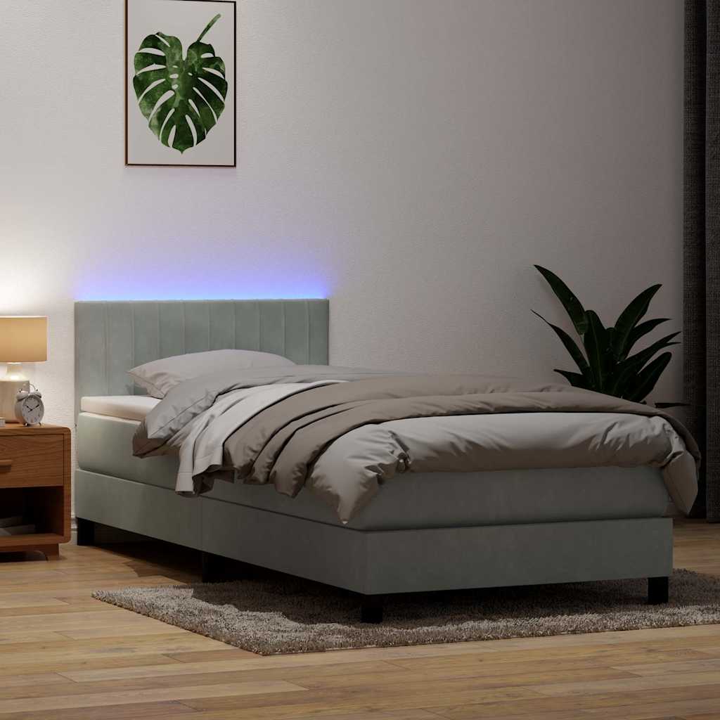 világosszürke bársony rugós és LED-es ágy matraccal 80x220 cm