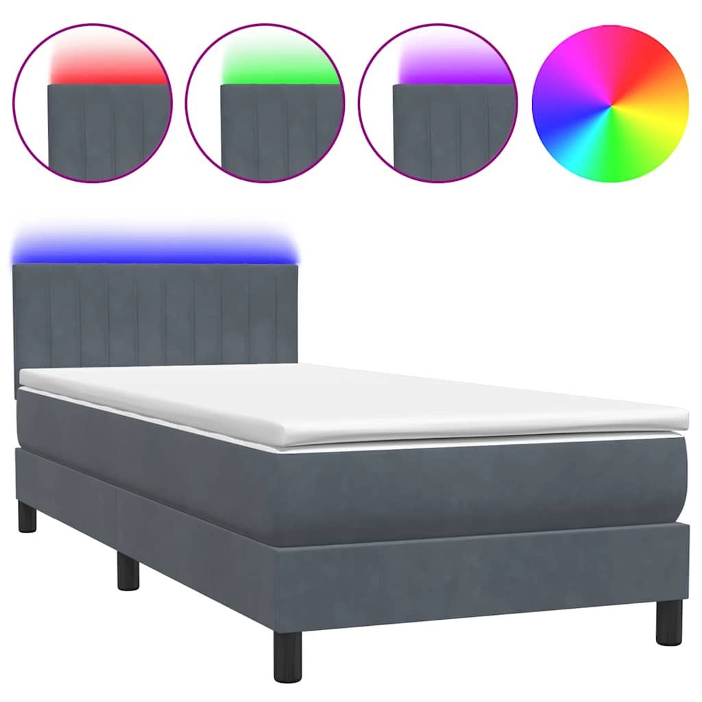 sötétszürke bársony rugós és LED-es ágy matraccal 80x220 cm