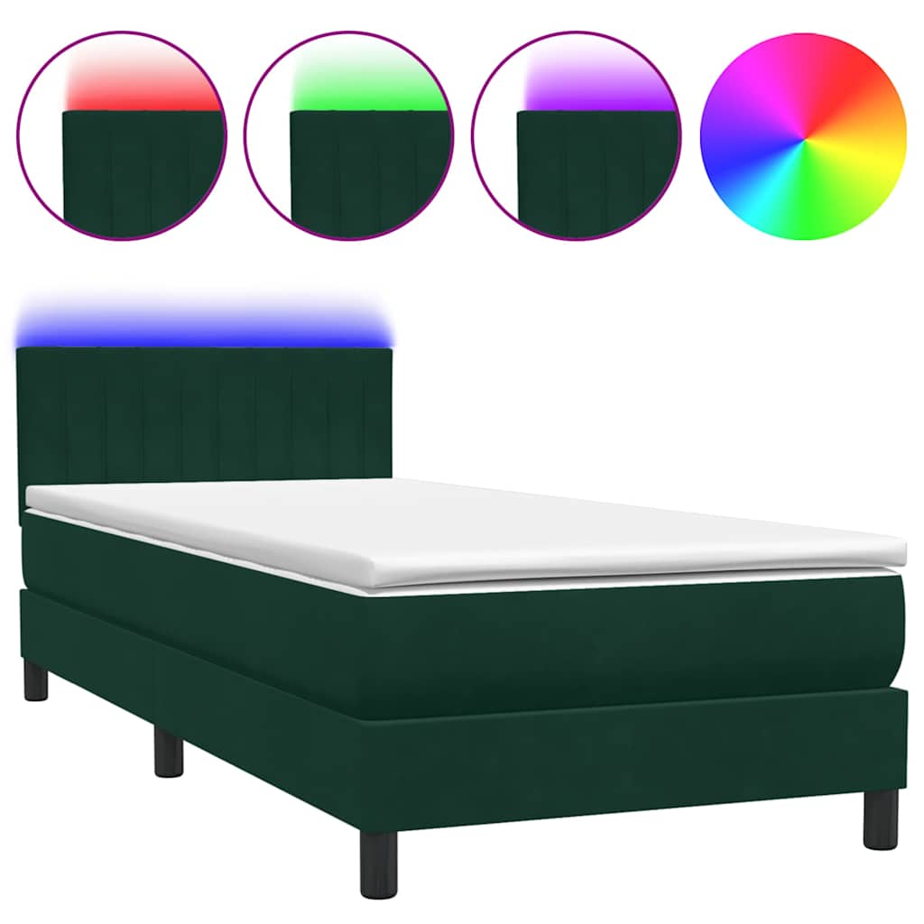 sötétzöld bársony rugós és LED-es ágy matraccal 80x220 cm