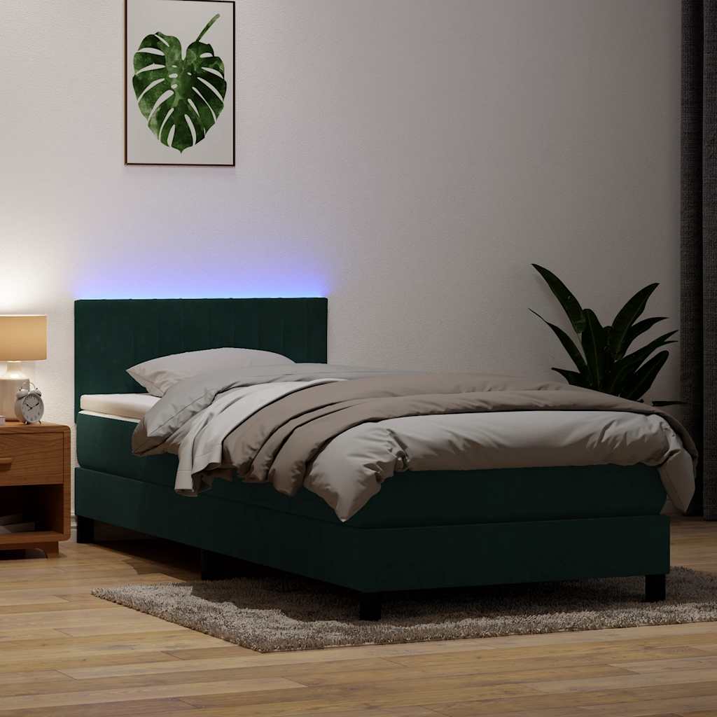 sötétzöld bársony rugós és LED-es ágy matraccal 80x220 cm
