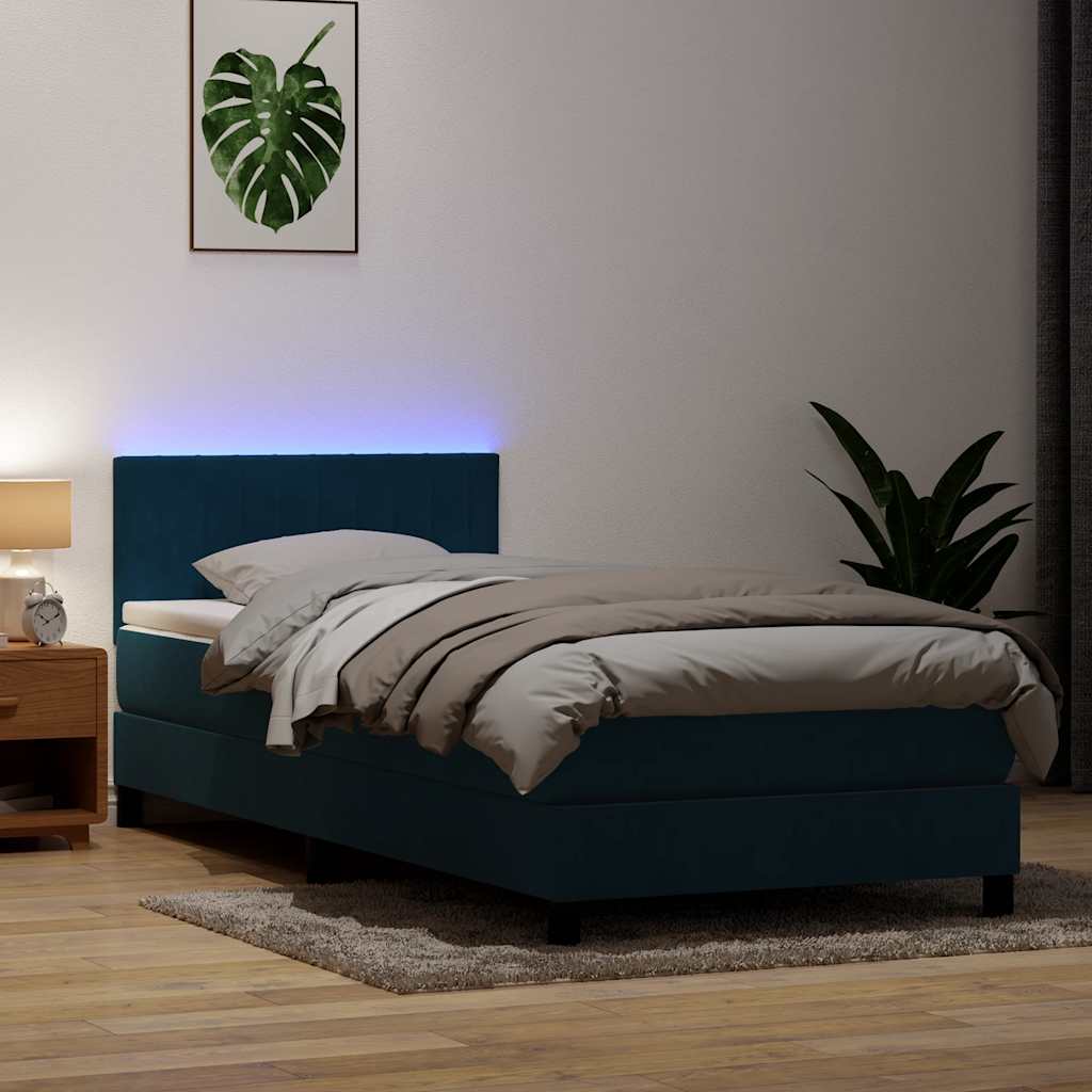 sötétkék bársony rugós és LED-es ágy matraccal 80x220 cm