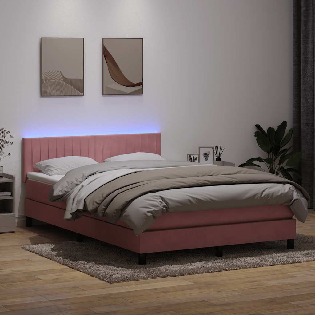 rózsaszín bársony rugós és LED-es ágy matraccal 140x220 cm
