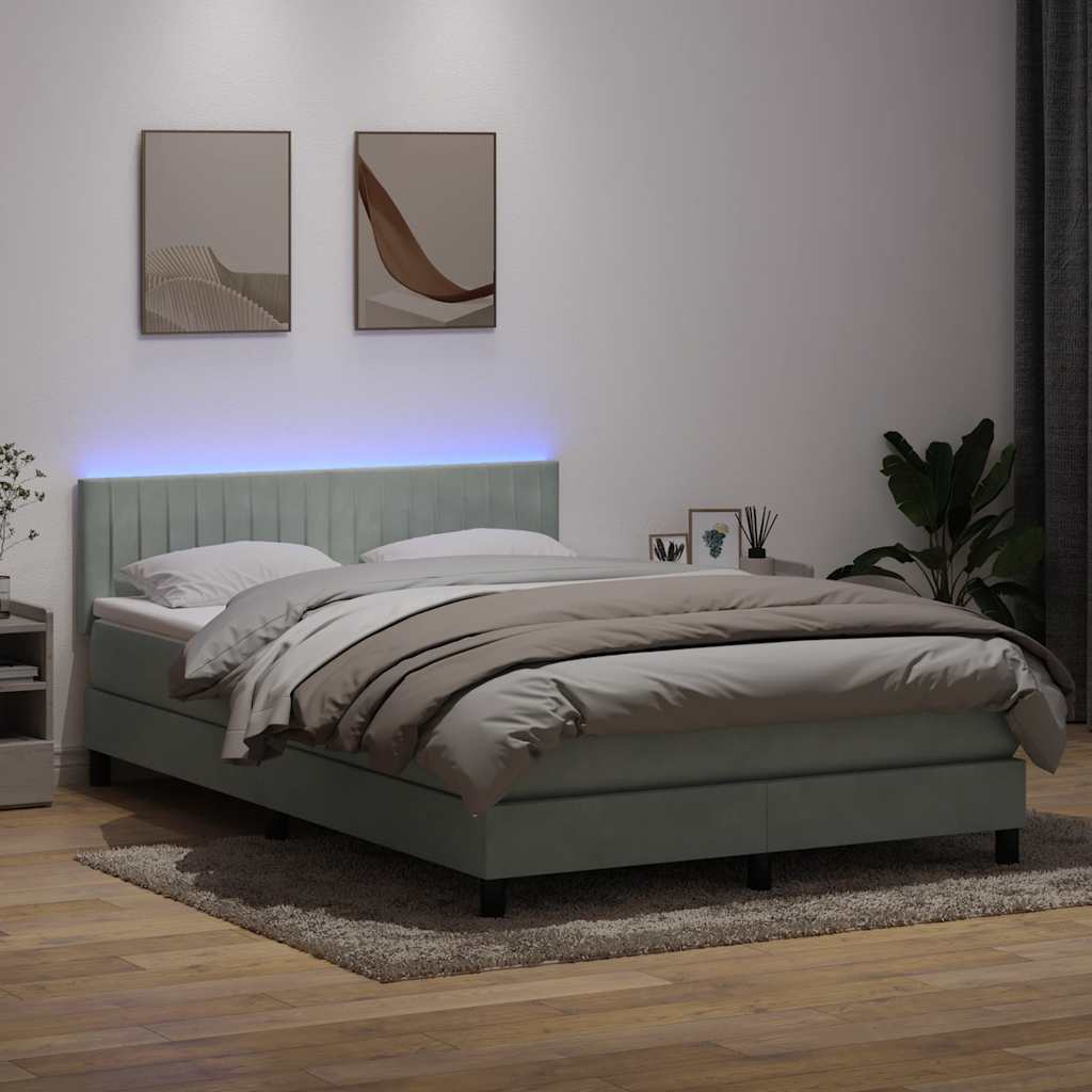 világosszürke bársony rugós és LED-es ágy matraccal 160x220 cm