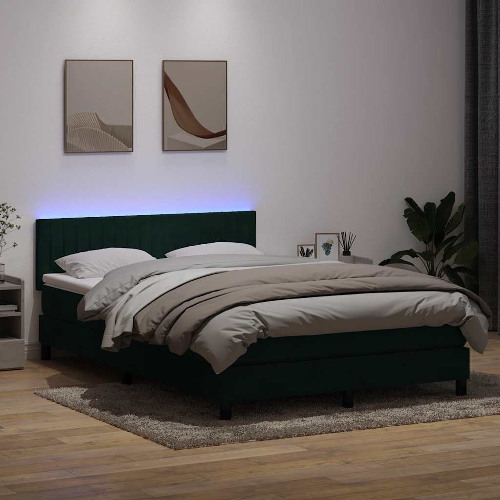 sötétzöld bársony rugós és LED-es ágy matraccal 160x220 cm