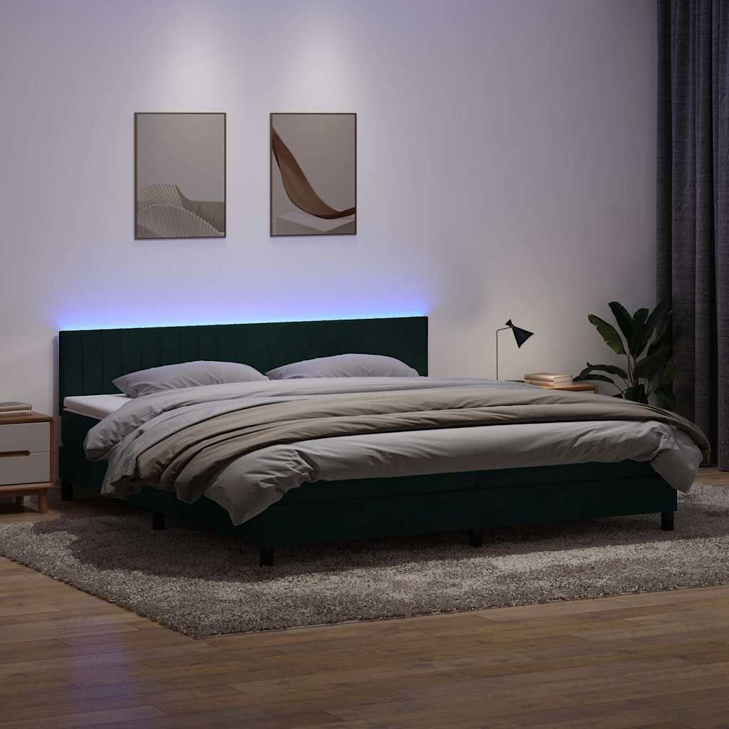 sötétzöld bársony rugós és LED-es ágy matraccal 180x220 cm