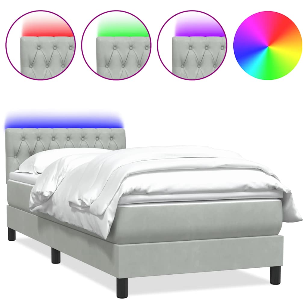világosszürke bársony rugós és LED-es ágy matraccal 80x210 cm