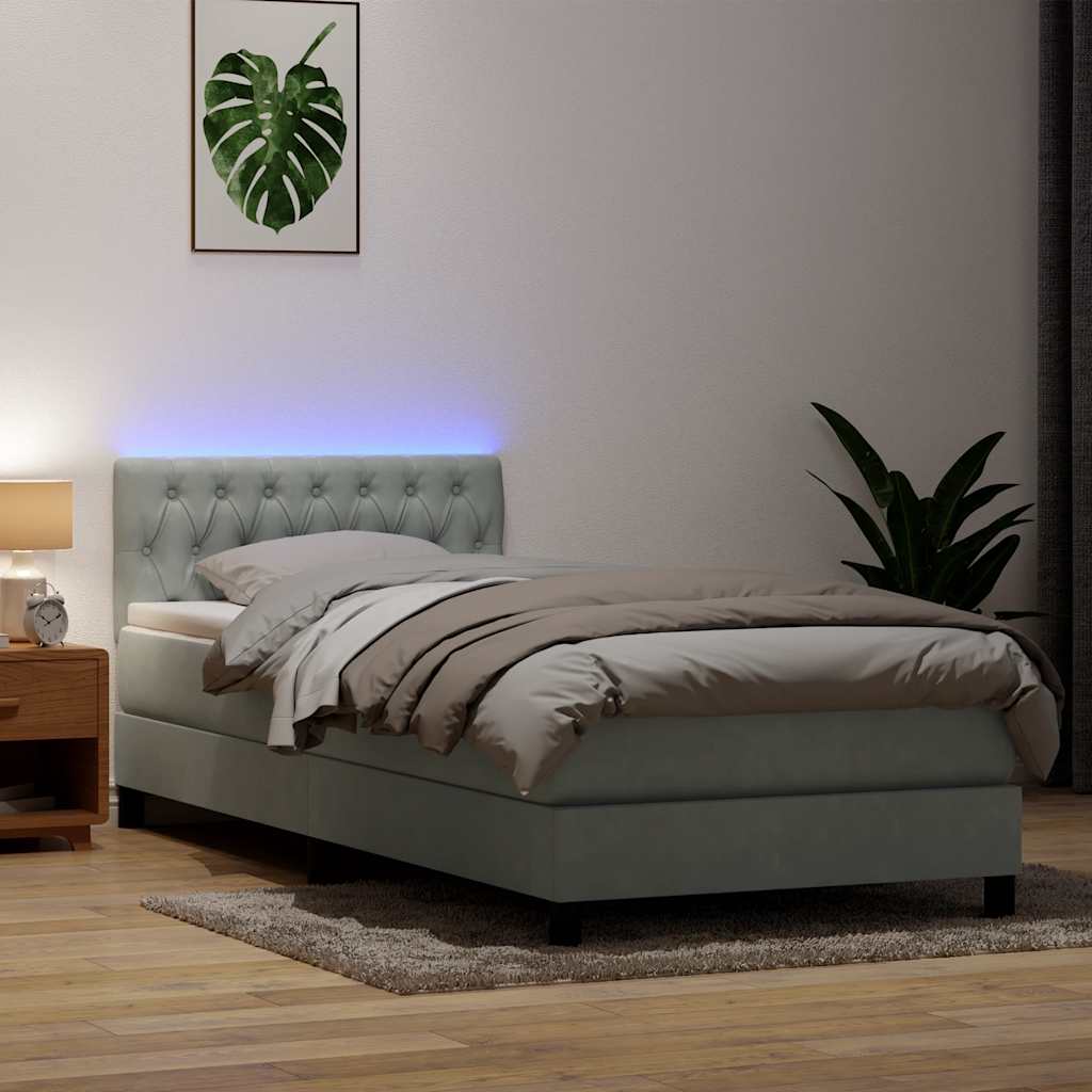 világosszürke bársony rugós és LED-es ágy matraccal 80x210 cm