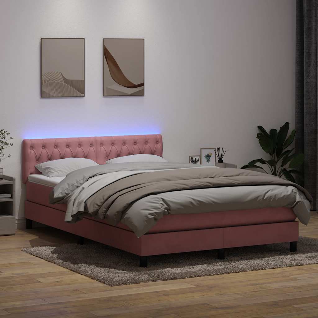 rózsaszín bársony rugós és LED-es ágy matraccal 140x210 cm