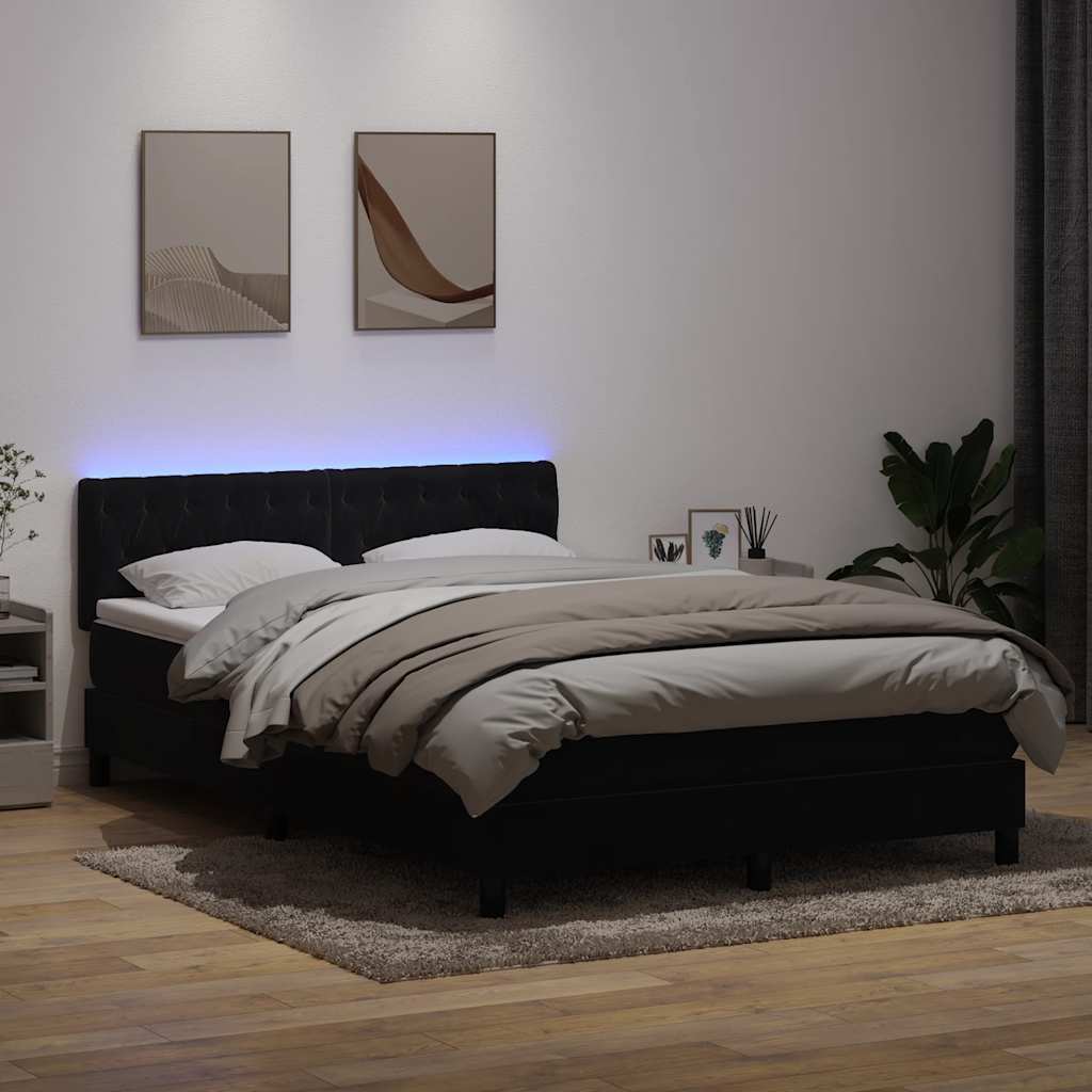 fekete bársony rugós és LED-es ágy matraccal 160x210 cm