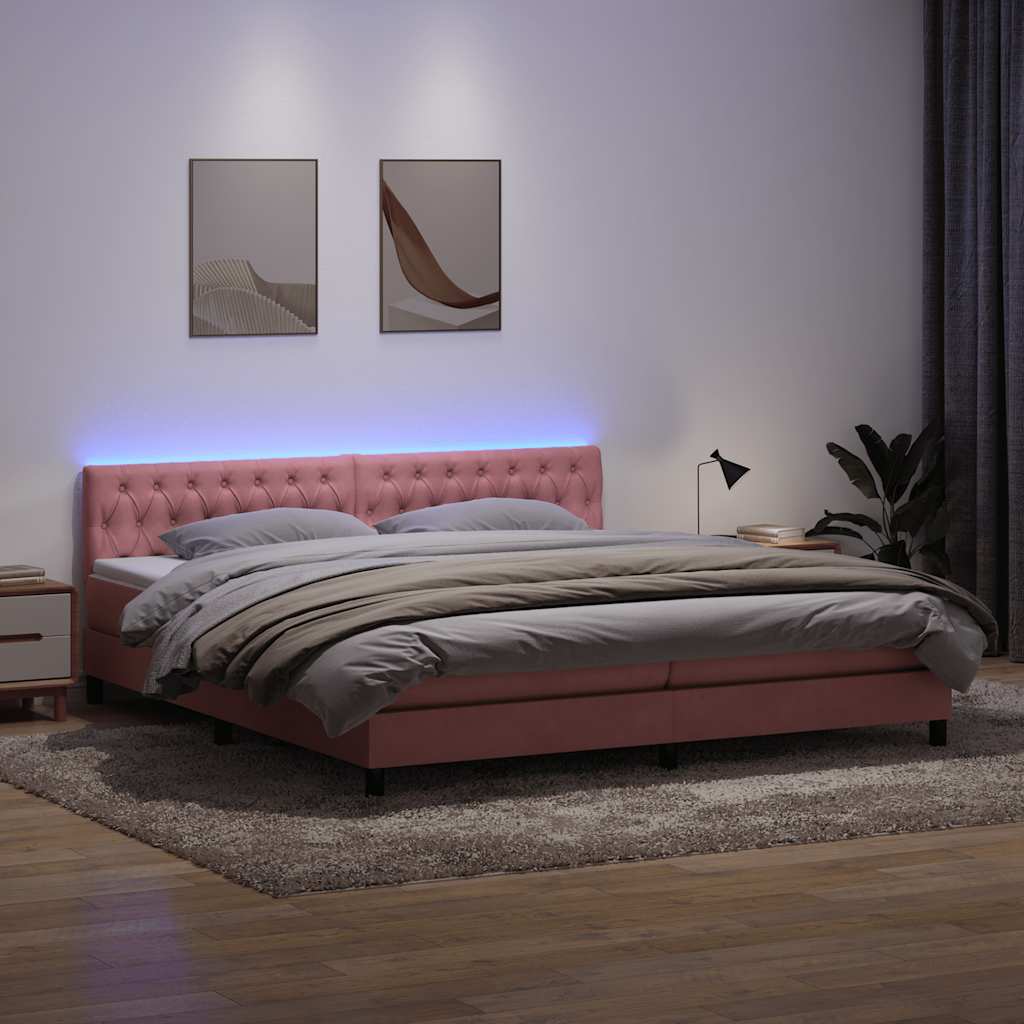 rózsaszín bársony rugós és LED-es ágy matraccal 180x210 cm