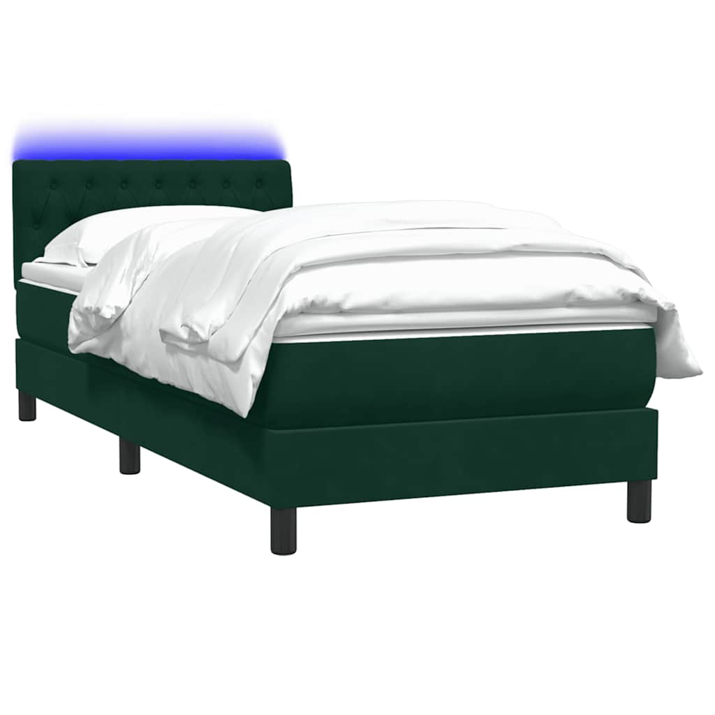sötétzöld bársony rugós és LED-es ágy matraccal 80x220 cm