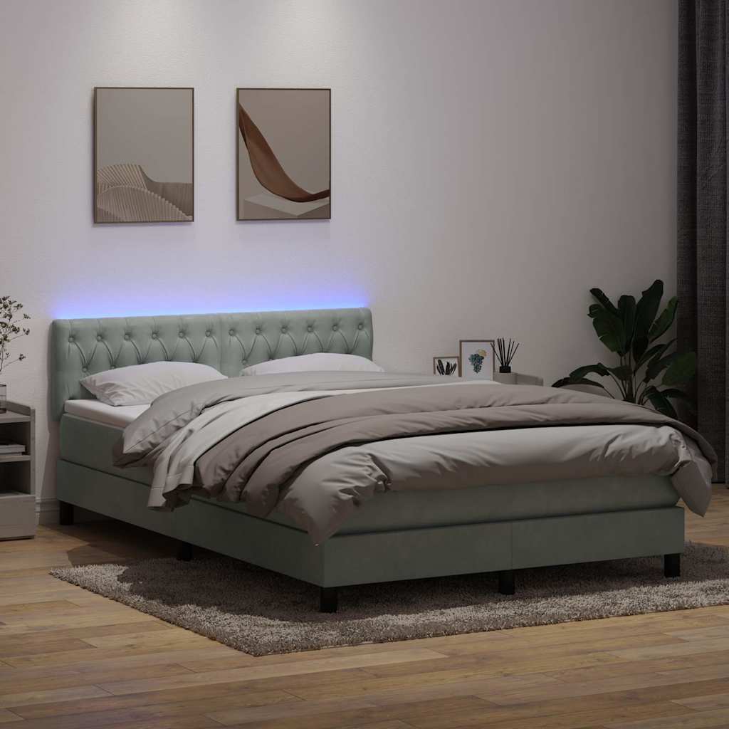 világosszürke bársony rugós és LED-es ágy matraccal 160x220 cm