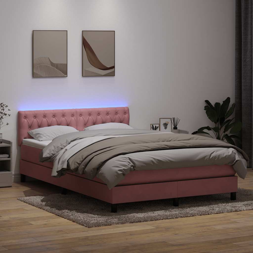 rózsaszín bársony rugós és LED-es ágy matraccal 160x220 cm