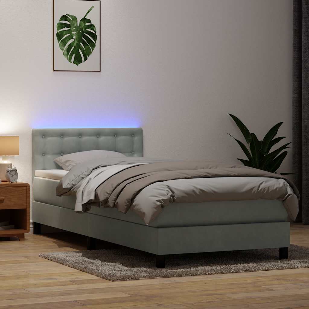 világosszürke bársony rugós és LED-es ágy matraccal 80x210 cm