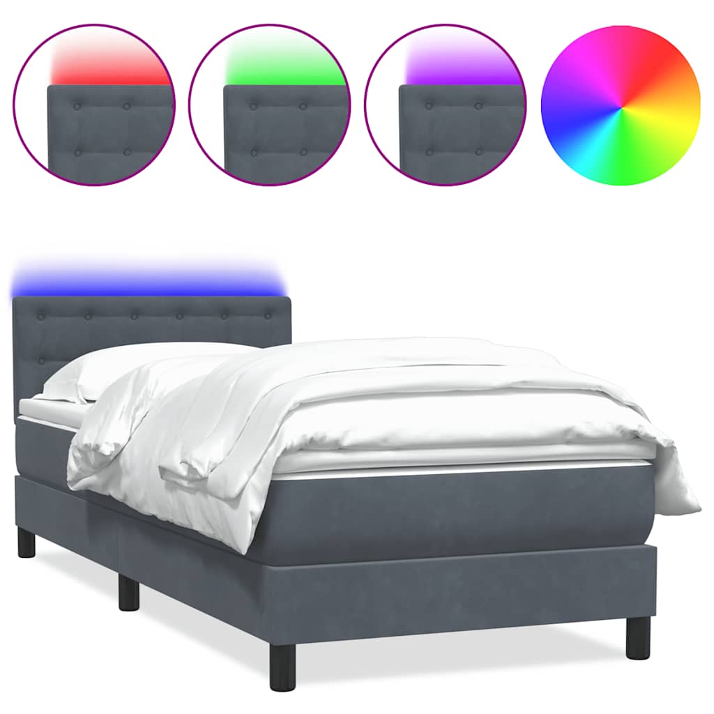 sötétszürke bársony rugós és LED-es ágy matraccal 80x210 cm