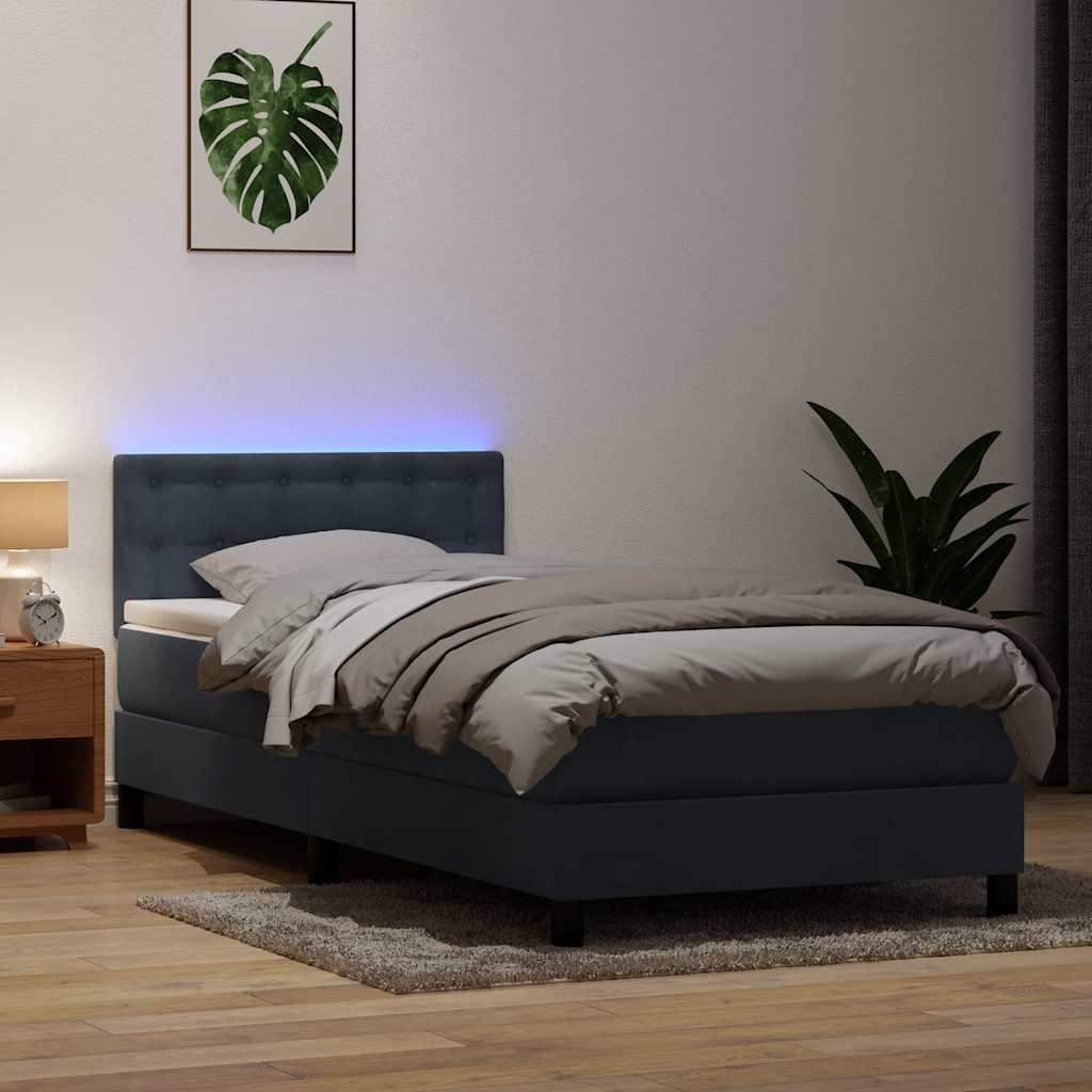 sötétszürke bársony rugós és LED-es ágy matraccal 80x210 cm