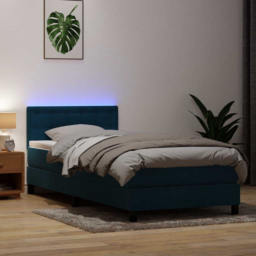 sötétkék bársony rugós és LED-es ágy matraccal 80x210 cm
