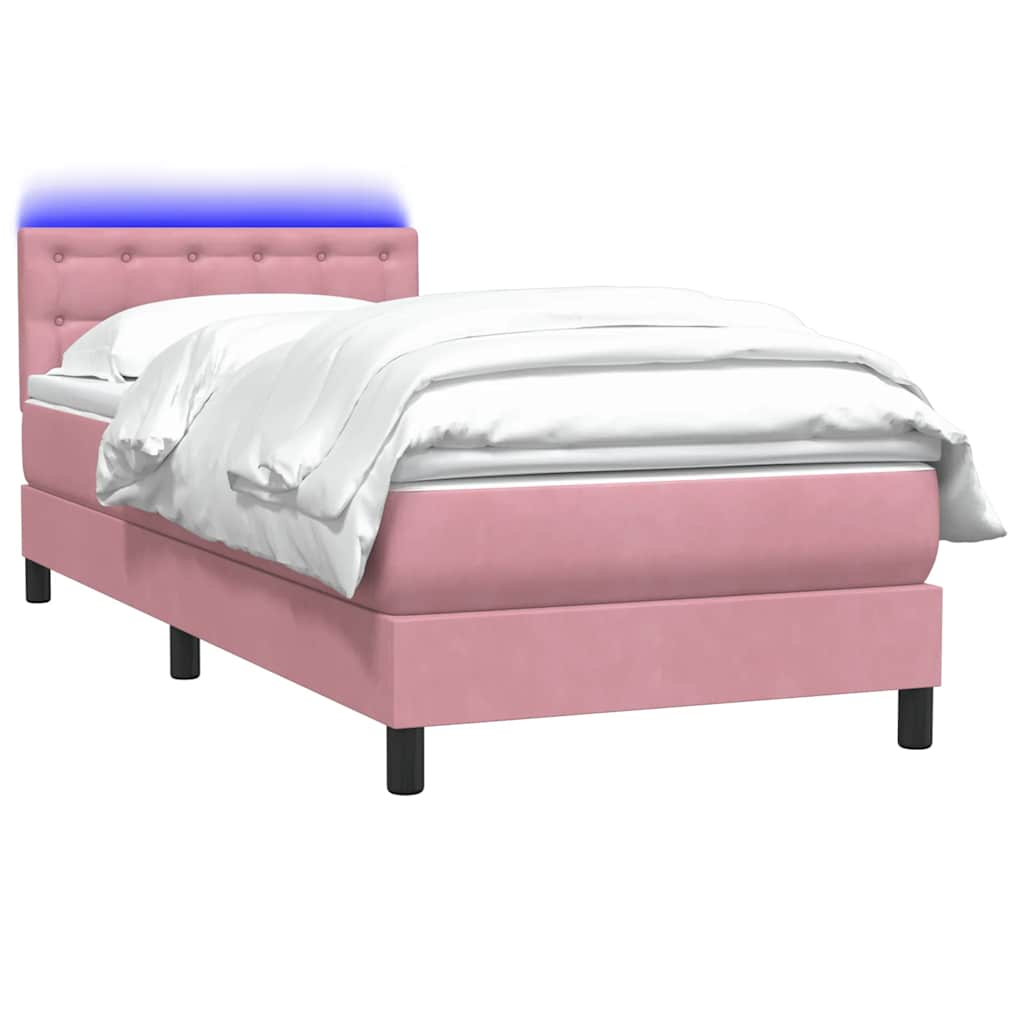 rózsaszín bársony rugós és LED-es ágy matraccal 90x210 cm
