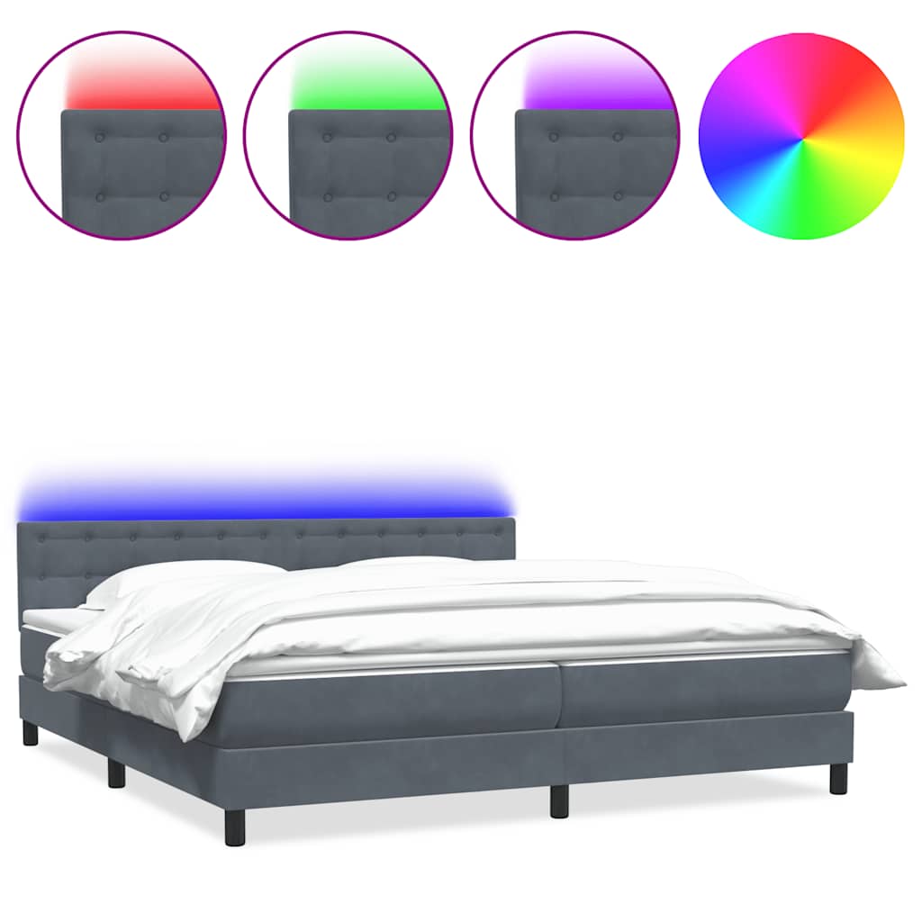 sötétszürke bársony rugós és LED-es ágy matraccal 180x210 cm