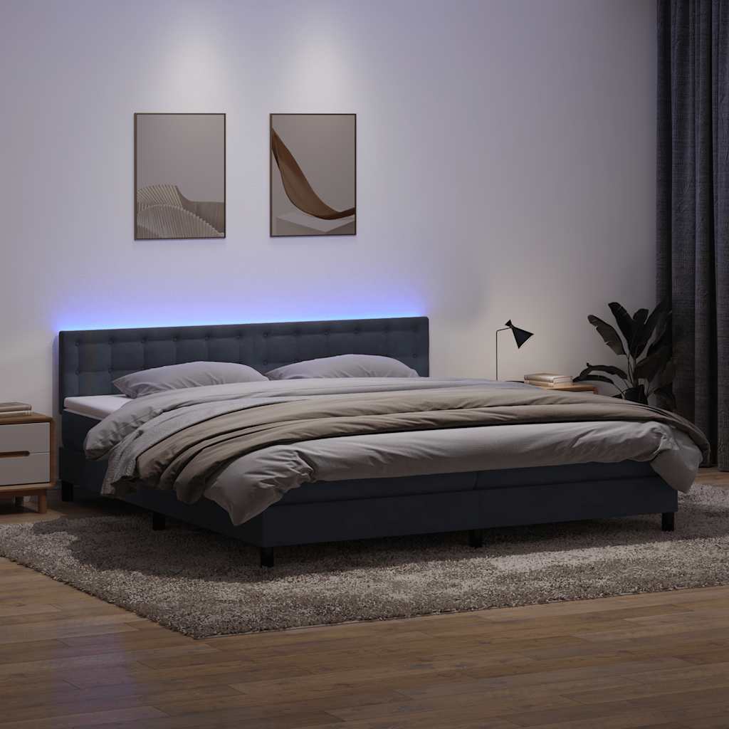sötétszürke bársony rugós és LED-es ágy matraccal 180x210 cm