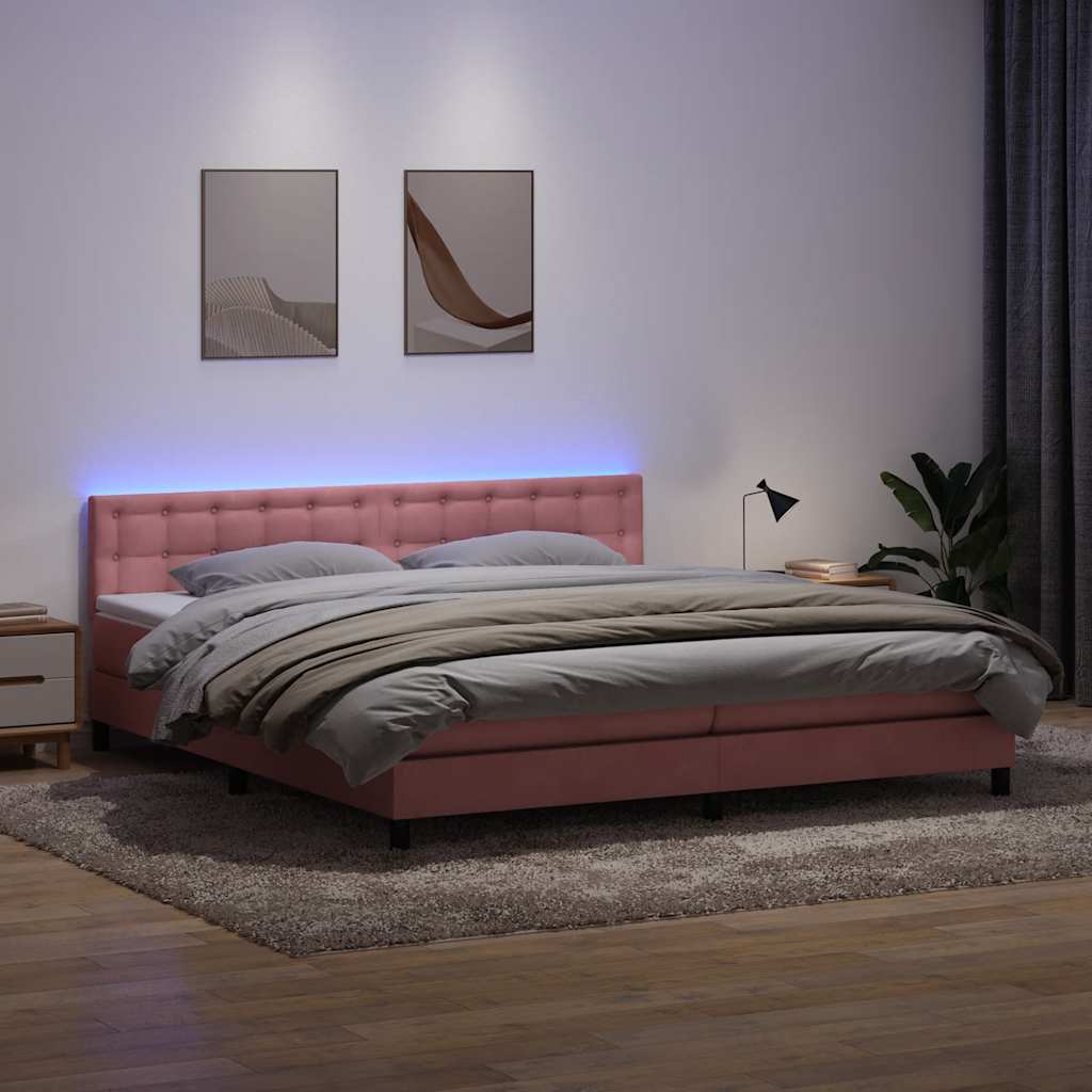 rózsaszín bársony rugós és LED-es ágy matraccal 180x210 cm