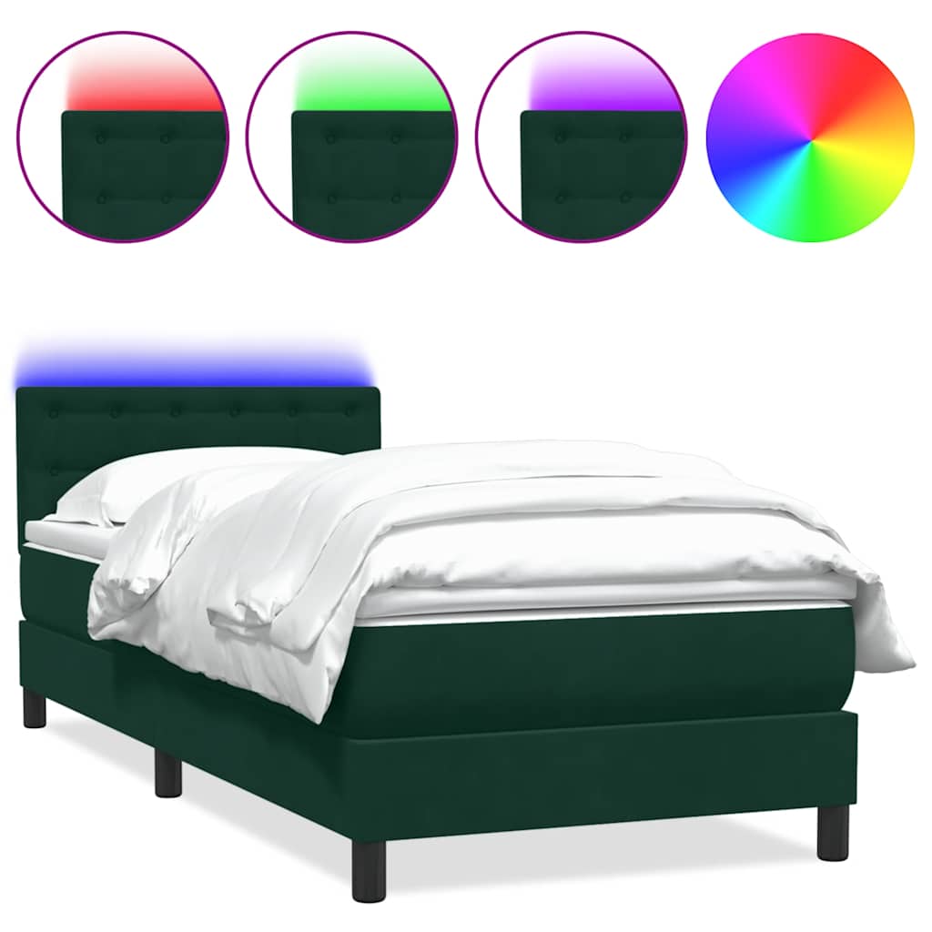 sötétzöld bársony rugós és LED-es ágy matraccal 80x220 cm