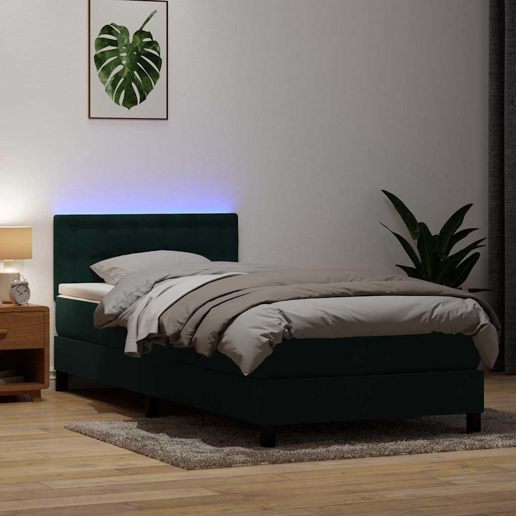 sötétzöld bársony rugós és LED-es ágy matraccal 80x220 cm