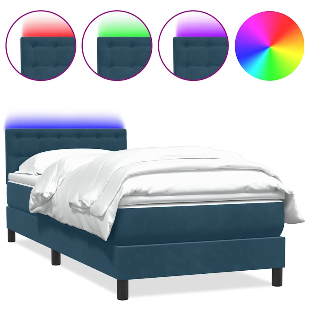 sötétkék bársony rugós és LED-es ágy matraccal 80x220 cm