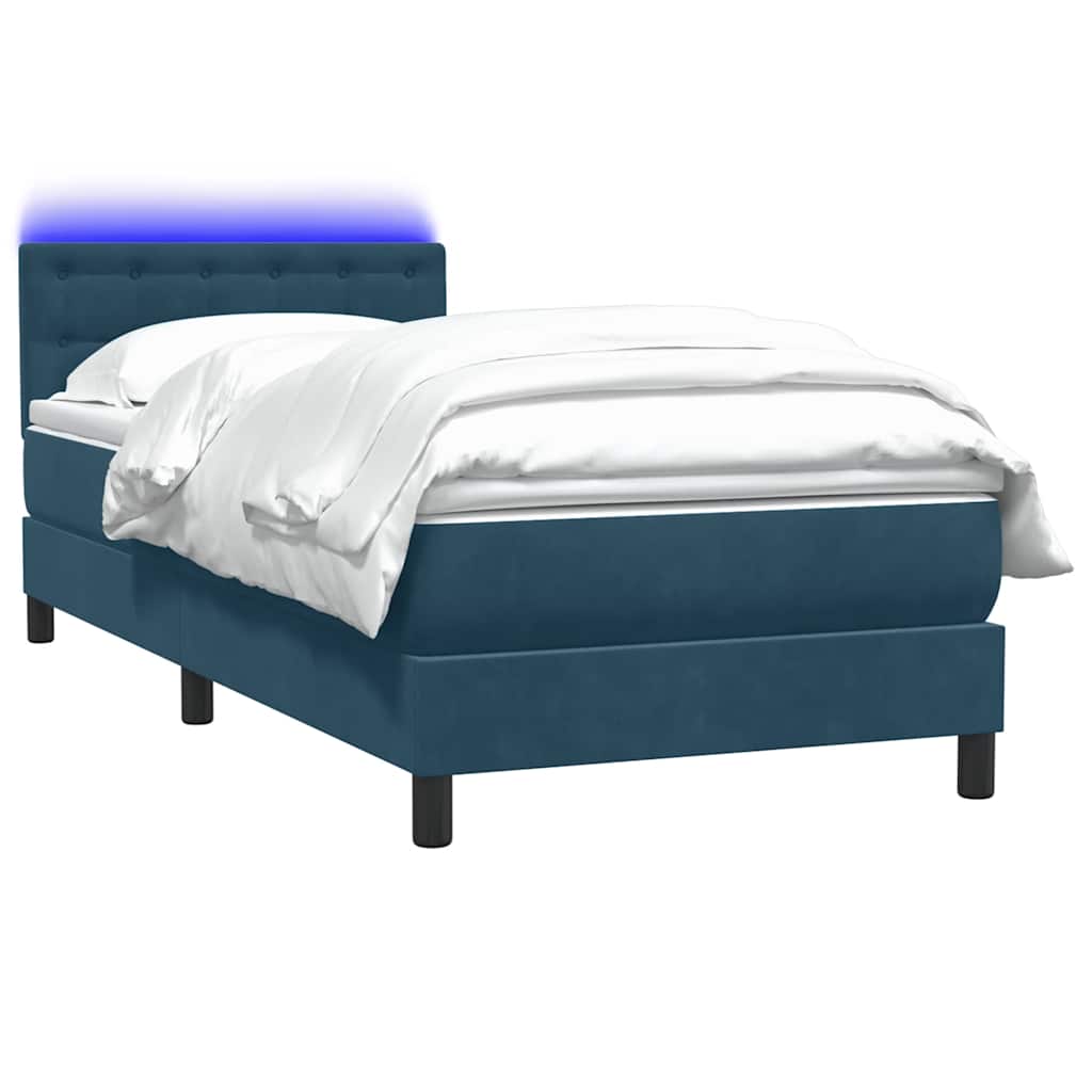 sötétkék bársony rugós és LED-es ágy matraccal 80x220 cm
