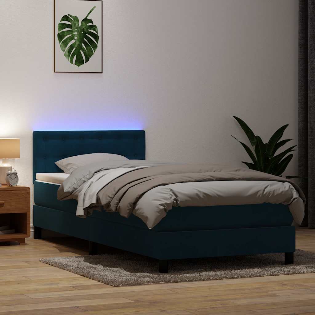 sötétkék bársony rugós és LED-es ágy matraccal 80x220 cm