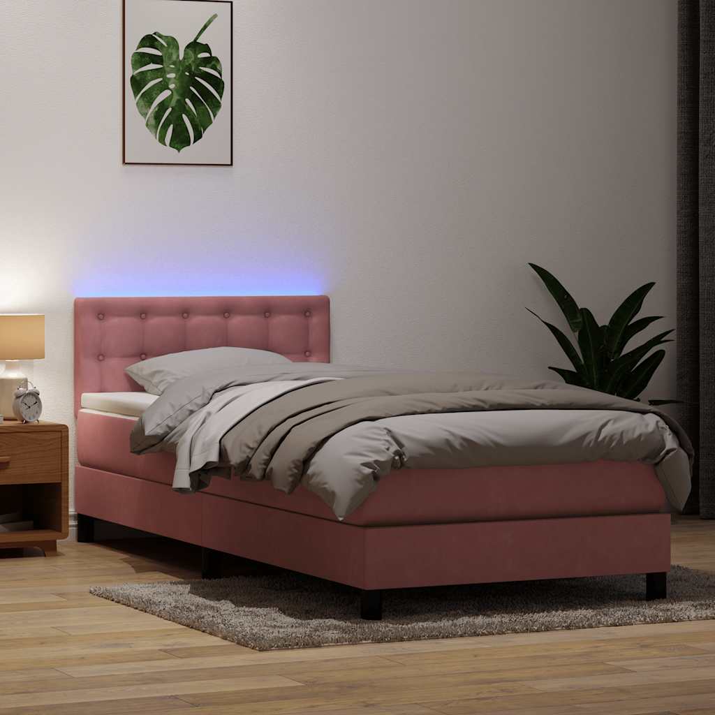 rózsaszín bársony rugós és LED-es ágy matraccal 80x220 cm
