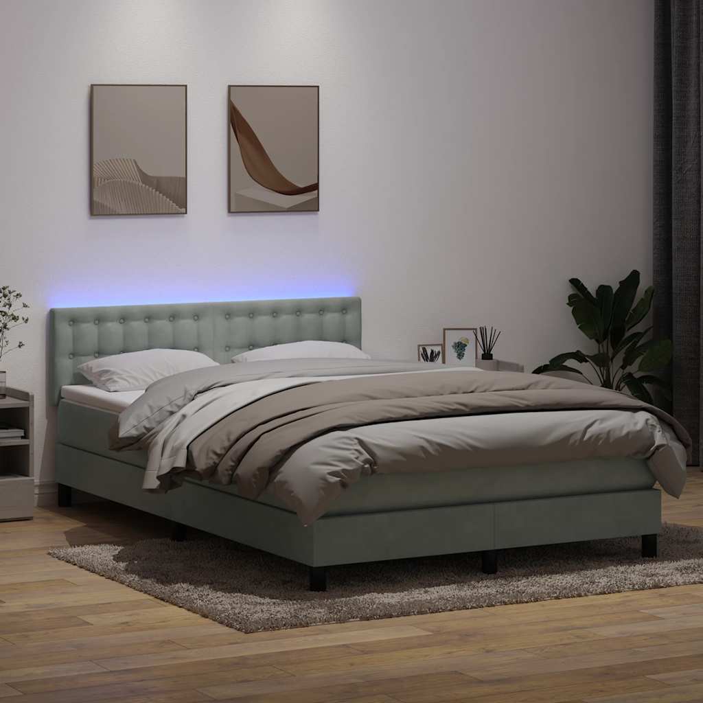 világosszürke bársony rugós és LED-es ágy matraccal 160x220 cm
