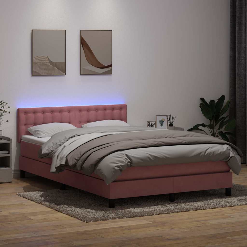 rózsaszín bársony rugós és LED-es ágy matraccal 160x220 cm