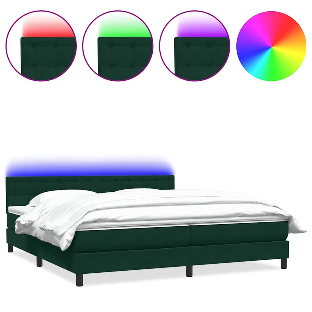 sötétzöld bársony rugós és LED-es ágy matraccal 180x220 cm