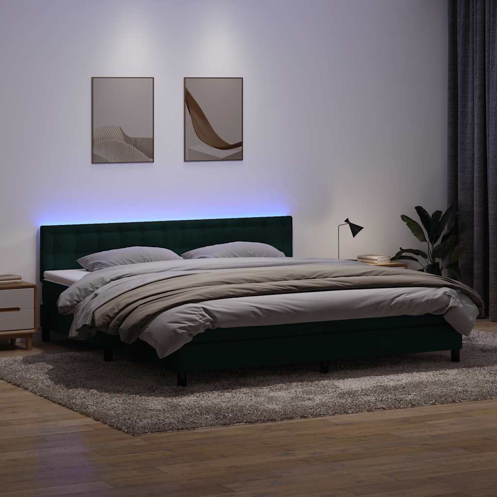 sötétzöld bársony rugós és LED-es ágy matraccal 180x220 cm