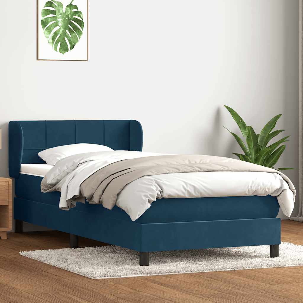 sötétkék bársony rugós ágy matraccal 80x210 cm