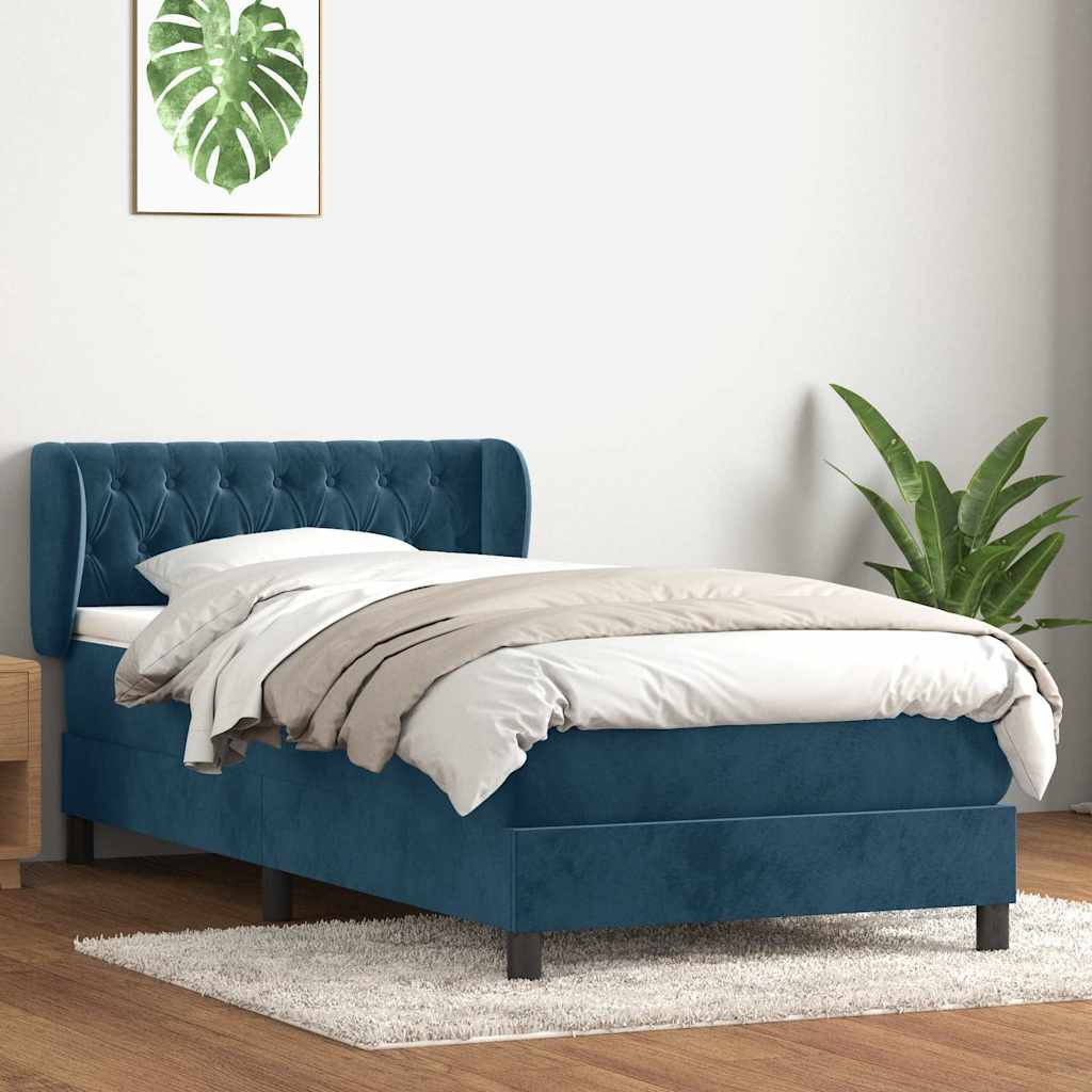 sötétkék bársony rugós ágy matraccal 80x220 cm